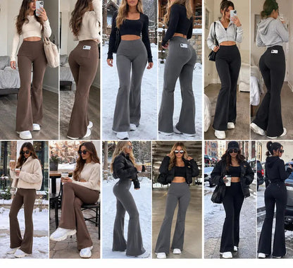 Women's Cashmere-Blend Flare Leggings with Pockets, High Waisted Thermal Bell Bottom Yoga Pants