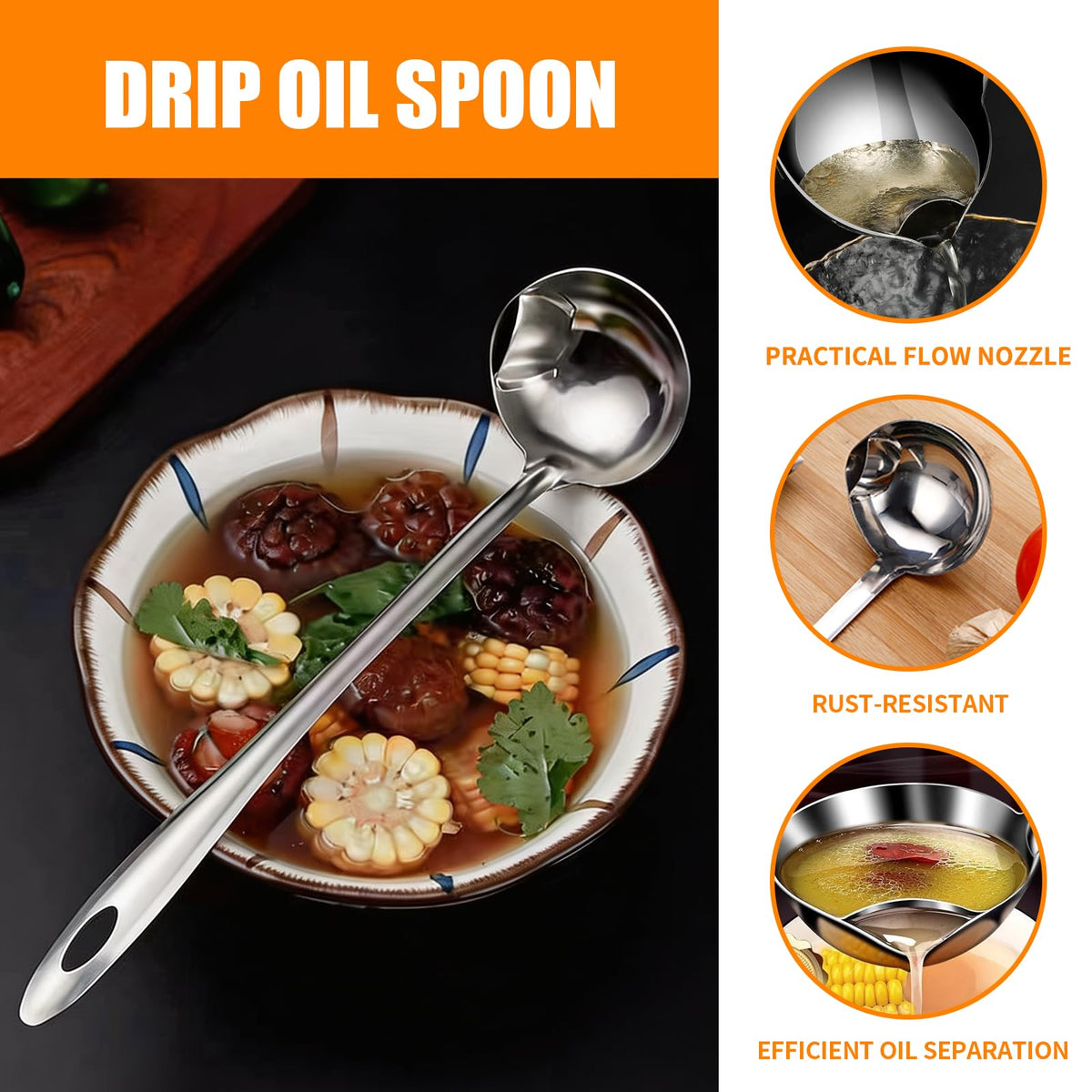 2Pcs Oil Separating Stainless Steel Soup Ladle,Grease Trap Long Spoon