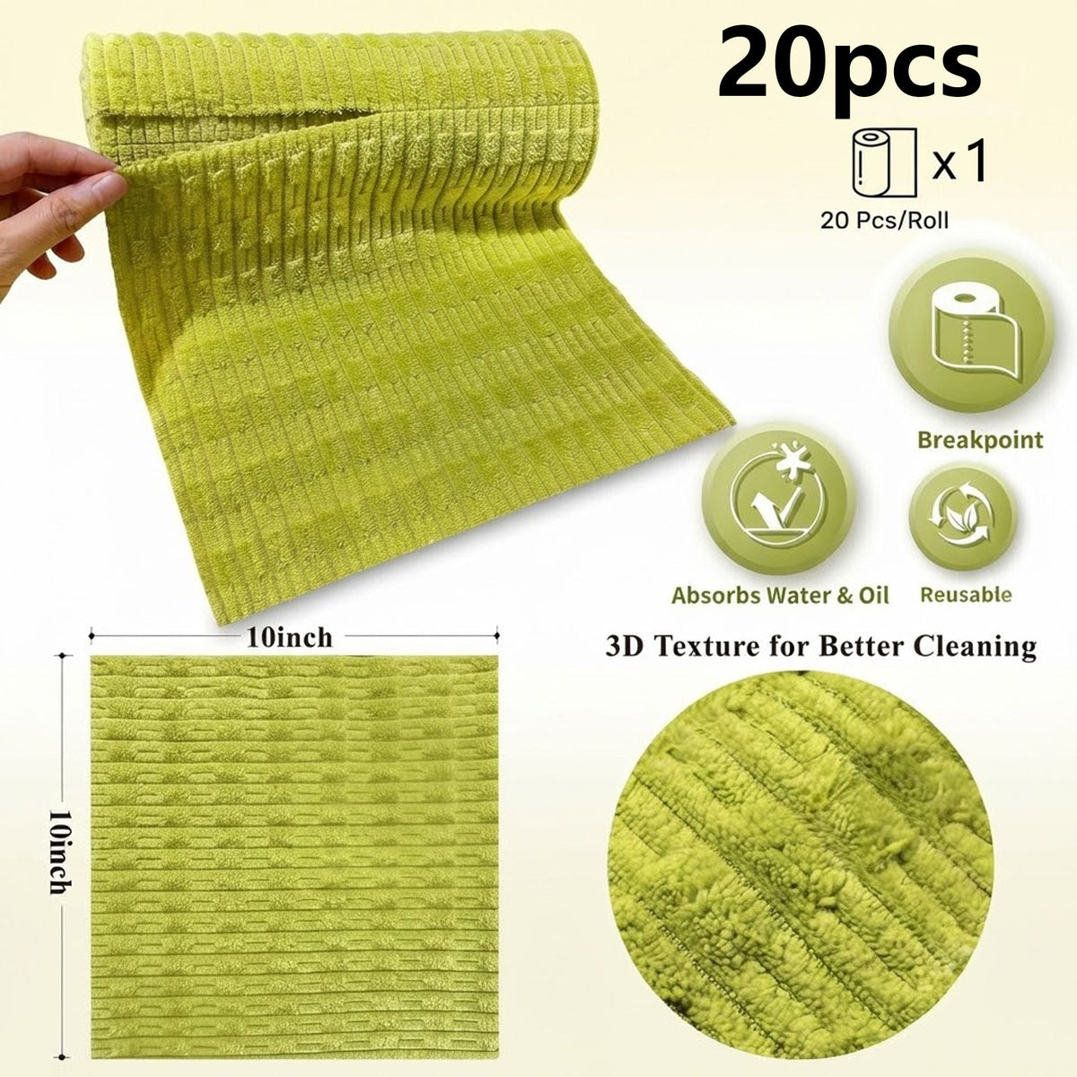 20 Pcs Tearable Plush Cleaning Cloth Roll, Reusable 10 * 10in Absorbent Fast Drying Lint-Free Cleaning Rags