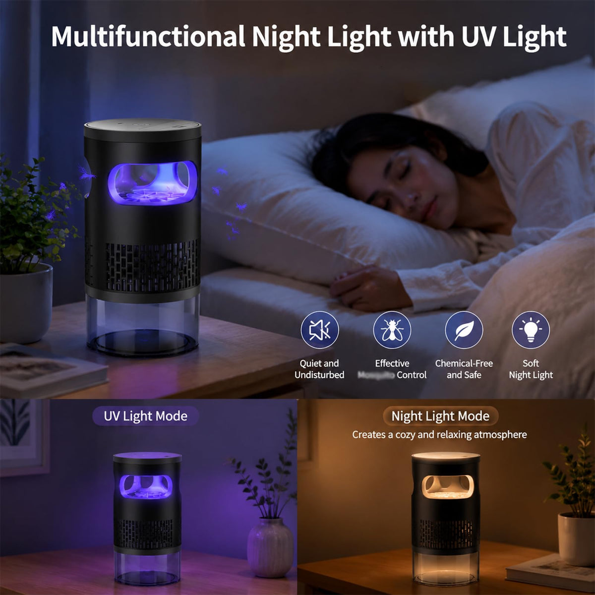 Indoor Flying Mosquito Zapper, Sleep-Friendly Night Light with Zap & Trap, Suction-Type Design