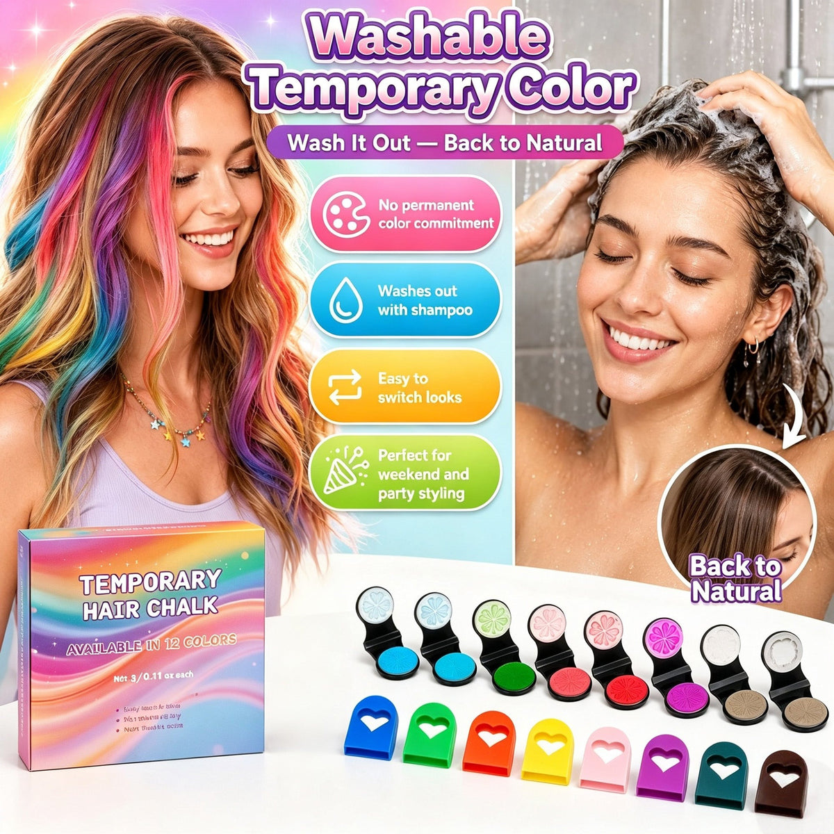 12 Colors Temporary Hair Chalk Set Washable Vibrant Non-Damage Hair Color