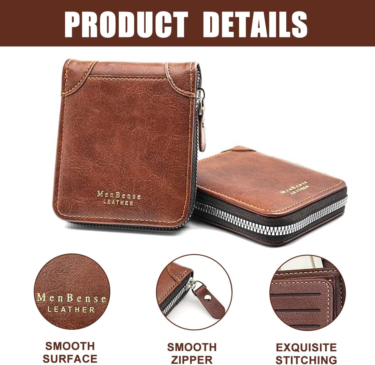 Men's Bi-fold Zip Leather Wallet I Features 9 card slots, 2clear ID windows, anddurable stitching