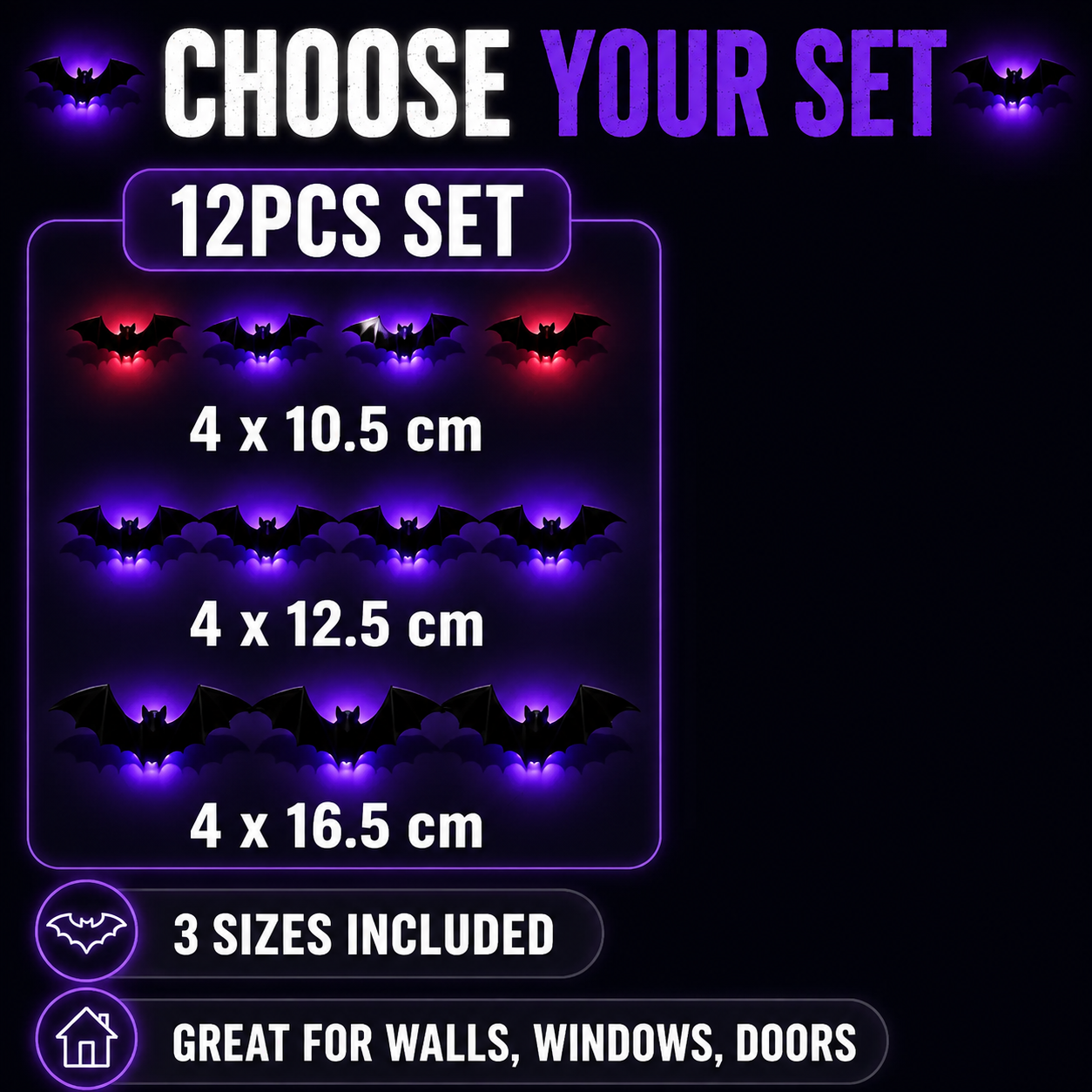 12Pcs Halloween Bats Wall Decor, Removable Lighted 3D Bats Wall Stickers Assorted Size