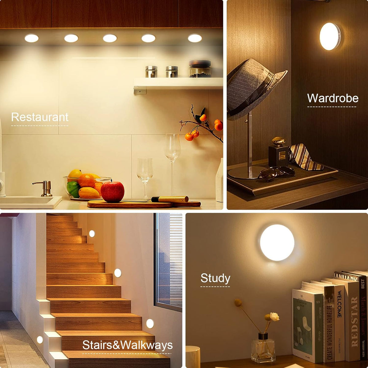 4Pcs Smart Motion Sensor Light Indoor, (3000K)I8 LEDs USB Rechargeable Night Light