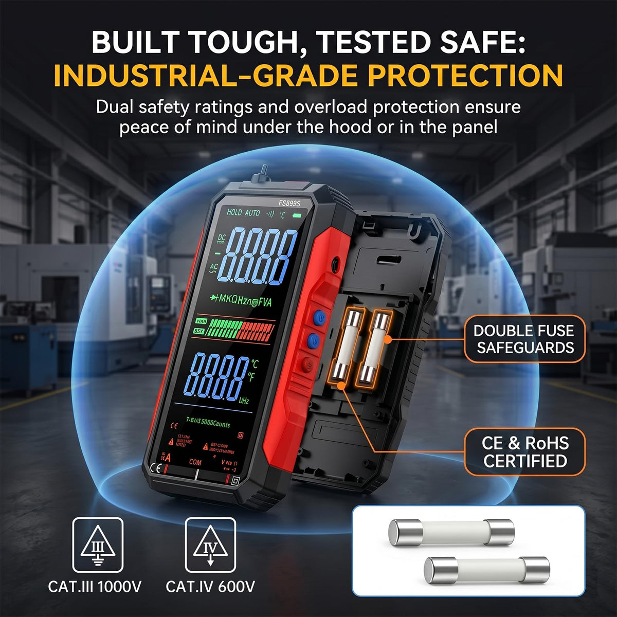 FS899L Digital Multimeter & 20 pcs Silicone Test Leads Kit, Auto 6000 Counts True RMS AC/DC Voltage Tester