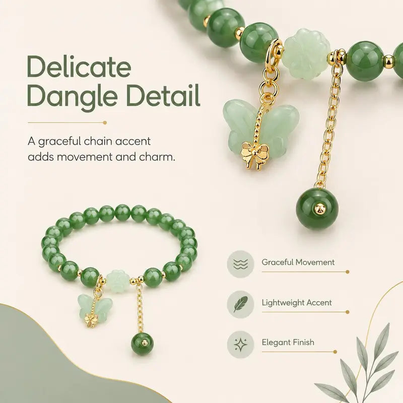 Lucky Green Dongling Jade Butterfly Charm Bracelet - Symbolism of Prosperity Blessing Crystal Pendant