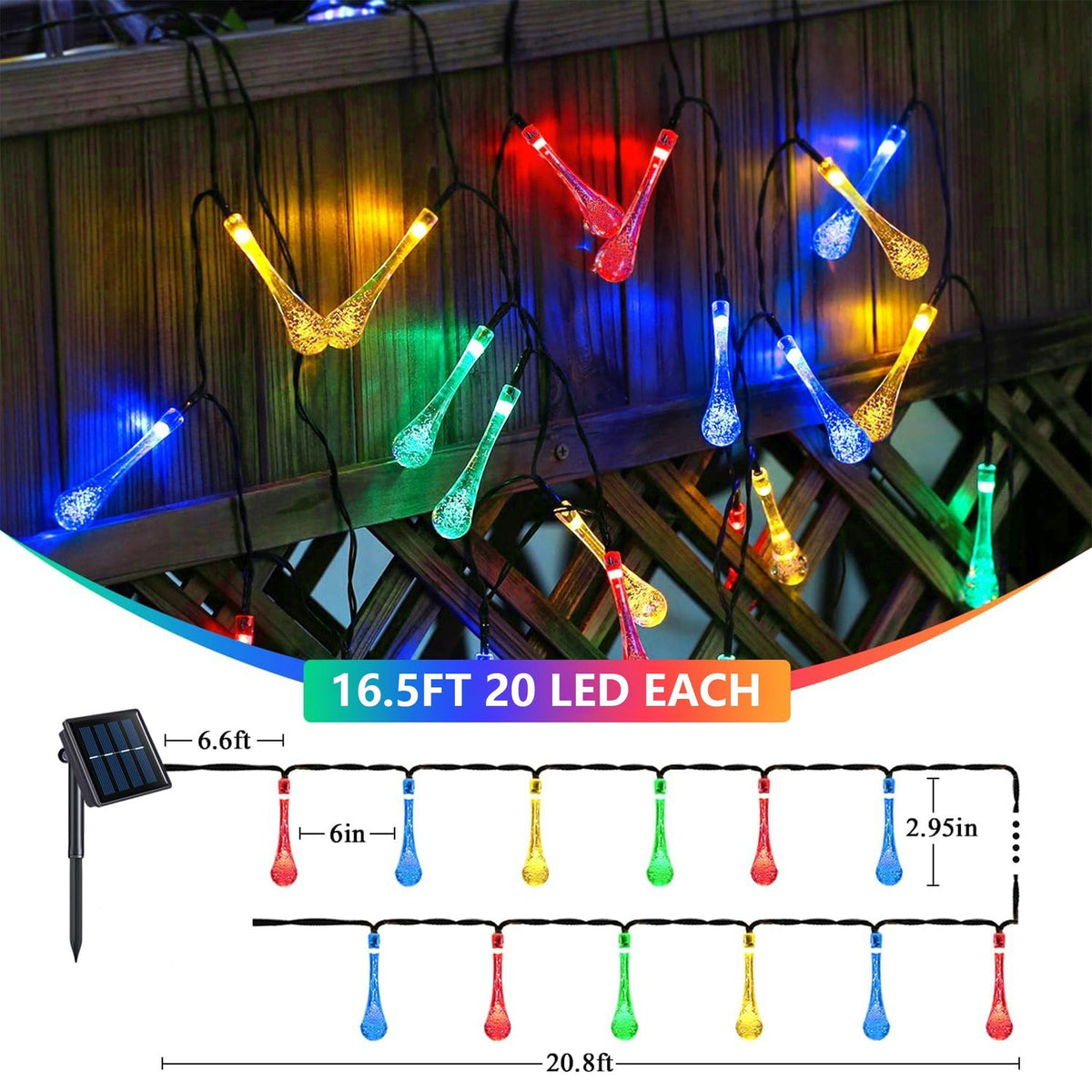 16.4FT Water Drop Solar String Lights, Outdoor Waterproof 20 LED