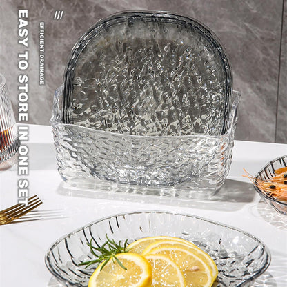 8Pcs Dinner Plates Set with Draining Rack ,Transparent Dinner Dishes Water Ripple Salad Plate