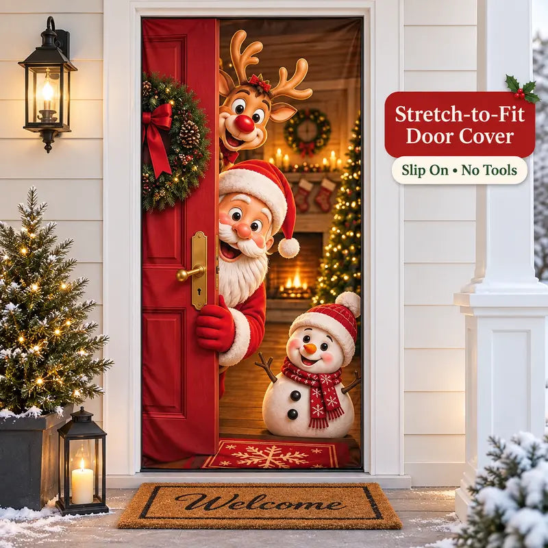 Colorful Santa Theme Reindeer Print Stretch Fabric Christmas Door Cover
