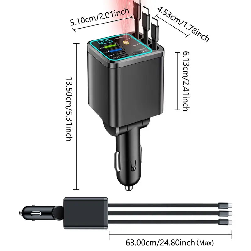 7-in-1 60W Retractable Car Charger with Star Projector Night Light and LED Decorative Light