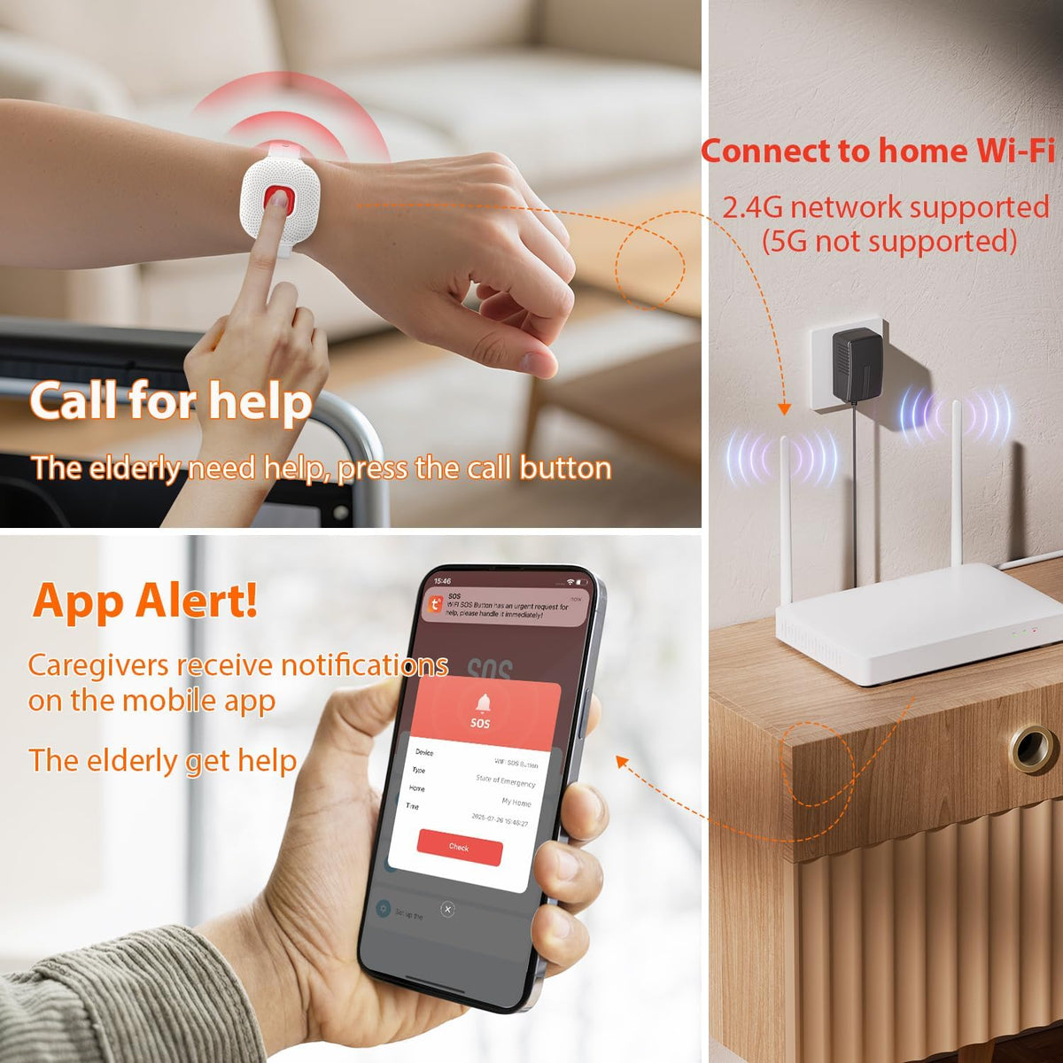 SOS Emergency Call Bracelet Life Alert for Seniors, No Monthly Fee,WiFi Caregiver Call Button