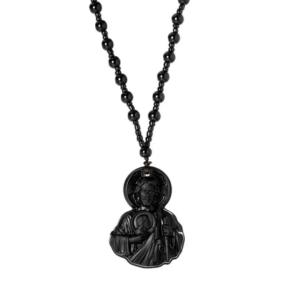 Natural Obsidian Jesus Sacred Heart Pendant Necklace, Catholic Faith Amulet, Bead Long Rosary Chain