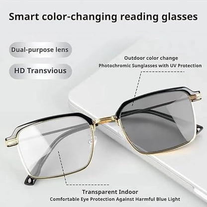 Modern Minimalist Smart-Zoom Reading Glasses UV Color-Changing & Blue Blocking Lens, Ultra-Light Metal Build