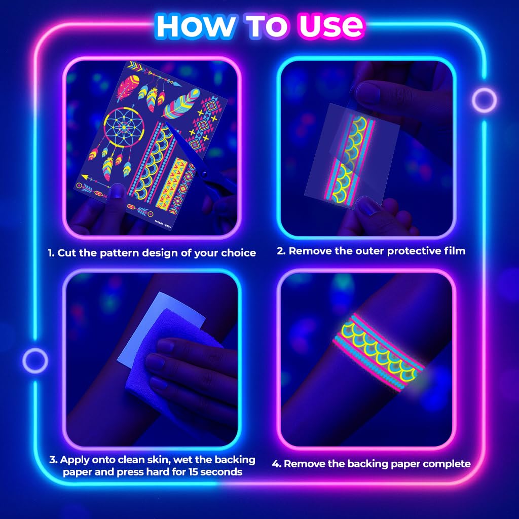 20 Sheets Glow in the Dark UV Blacklight Temporary Tattoos for Adults & Teens