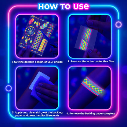 20 Sheets Glow in the Dark UV Blacklight Temporary Tattoos for Adults & Teens