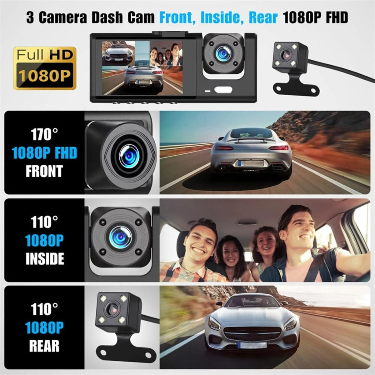 Touchscreen In-Vehicle Triple-Lens Real-Time Dash Cam