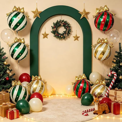 10Pcs Christmas Bow Ornament Foil Balloons Set, Red Green Gold White Striped Bauble Balloons