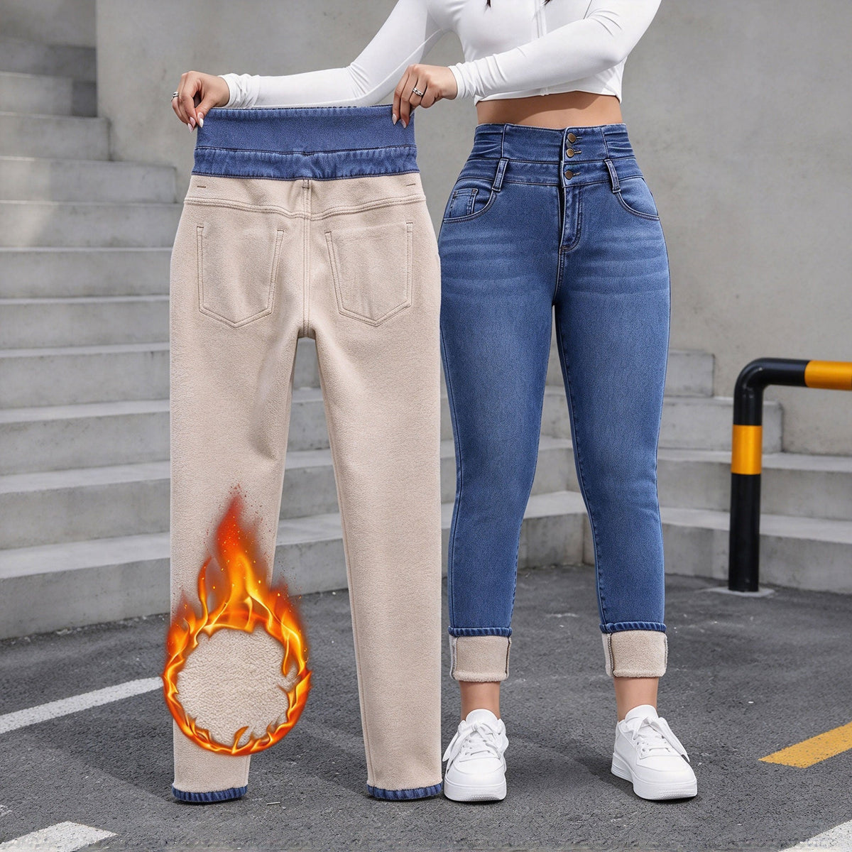 Women’s Fleece-lined High-waisted Slim Jeans For Winter