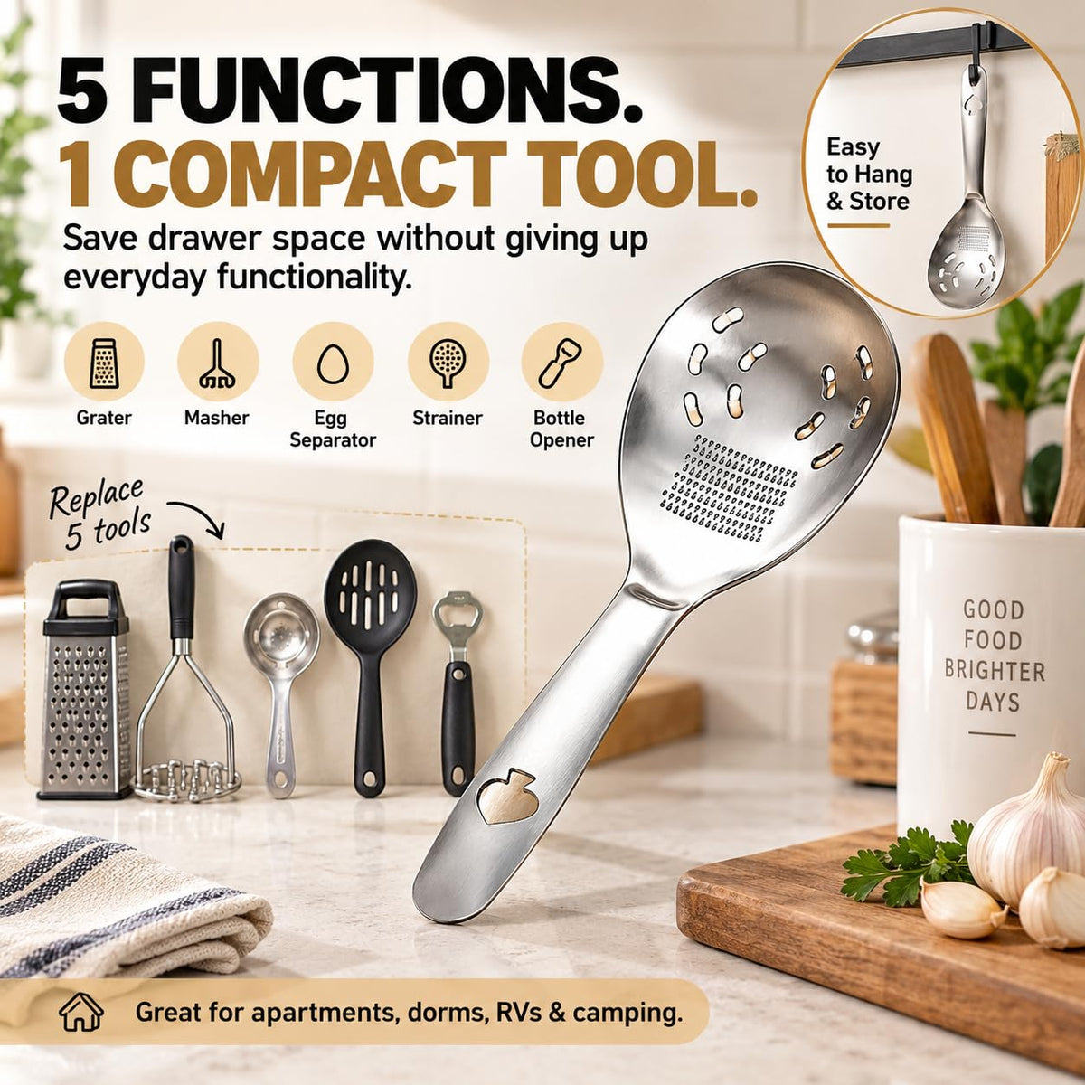 2Pcs 5-in-1 Multifunction Stainless Steel Cooking Spoon for Kitchen Utensil