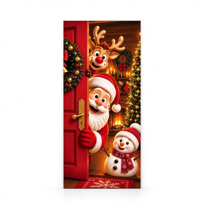 Colorful Santa Theme Reindeer Print Stretch Fabric Christmas Door Cover