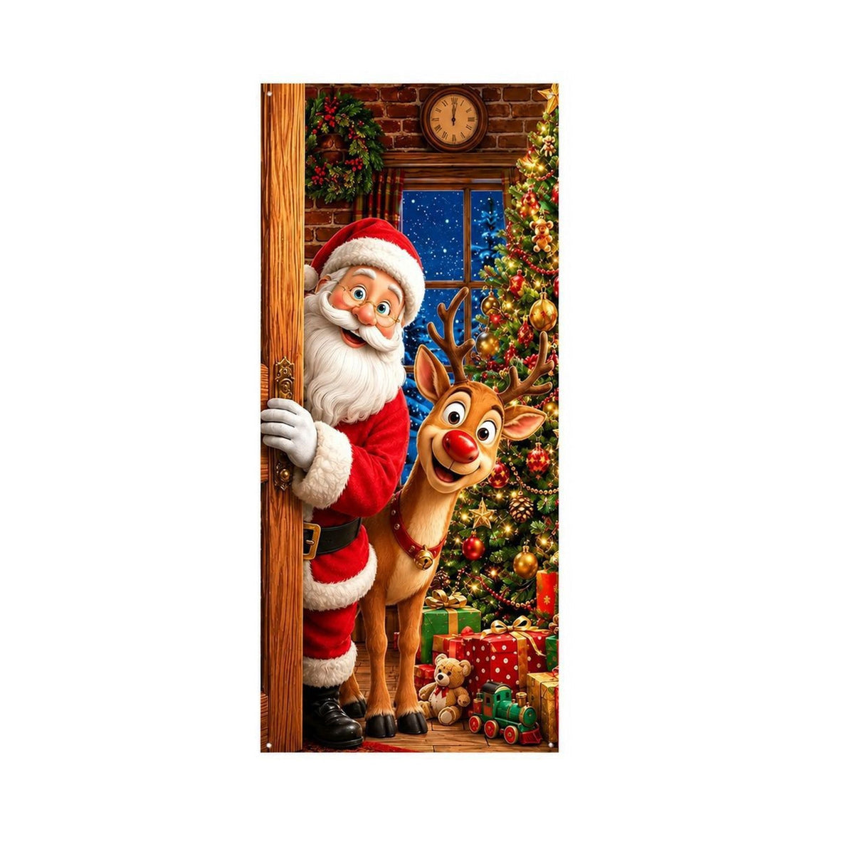 Colorful Santa Theme Reindeer Print Stretch Fabric Christmas Door Cover