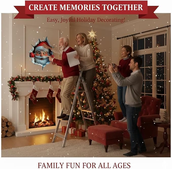 3Pcs Creative Christmas Santa Wall Stickers,Removable 3D Santa Wall Decal
