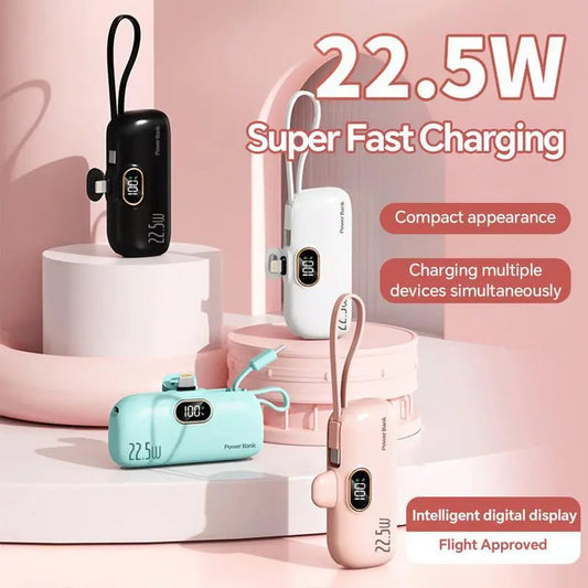 Pocket-Sized 5000mAh Power Bank, 22.5W Android & iPhone Fast Charge, Type-C & USB-A