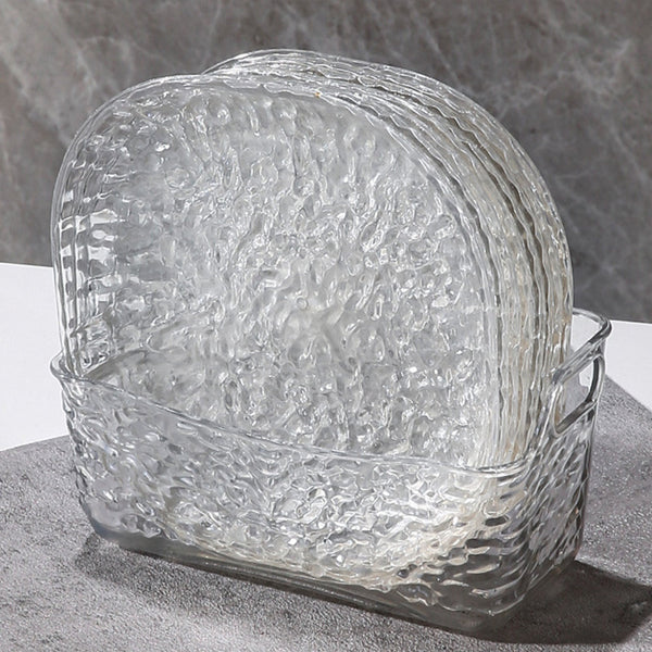 8Pcs Dinner Plates Set with Draining Rack ,Transparent Dinner Dishes Water Ripple Salad Plate