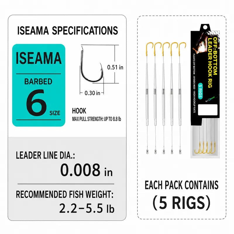 5PCS Off Bottom Rig Set, Pre-Tied Weedless Leaders with Iseama Barbed Hooks, Anti-Snagging Fishing Accessories
