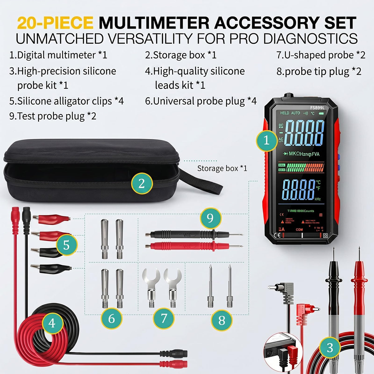 FS899L Digital Multimeter & 20 pcs Silicone Test Leads Kit, Auto 6000 Counts True RMS AC/DC Voltage Tester