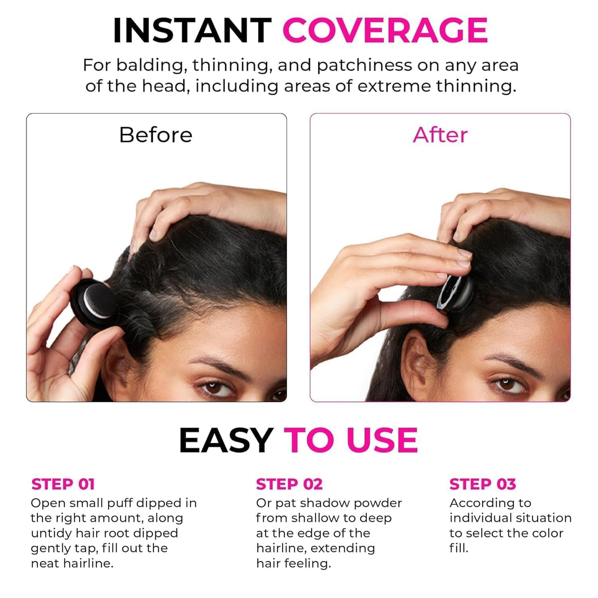 Instant Gray Hair & Beard Cover-Up Powder / Waterproof, Long-Lasting Hairline Touch-Up Powder