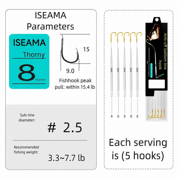 5PCS Off Bottom Rig Set, Pre-Tied Weedless Leaders with Iseama Barbed Hooks, Anti-Snagging Fishing Accessories