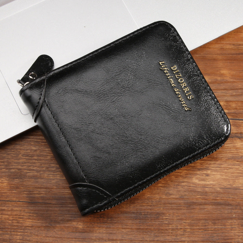 Men's Bi-fold Zip Leather Wallet I Features 9 card slots, 2clear ID windows, anddurable stitching