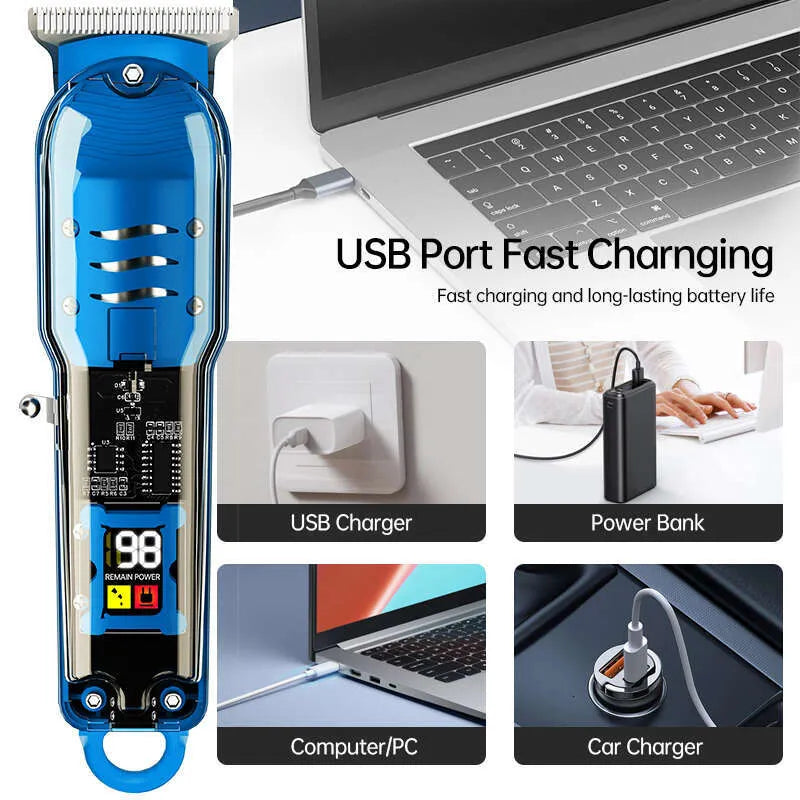 Professional Cordless Hair Clippers: Transparent Electric Hair Trimmer Set with 0 Pitch Light