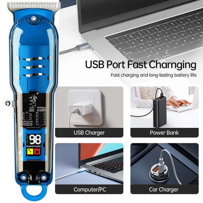 Professional Cordless Hair Clippers: Transparent Electric Hair Trimmer Set with 0 Pitch Light