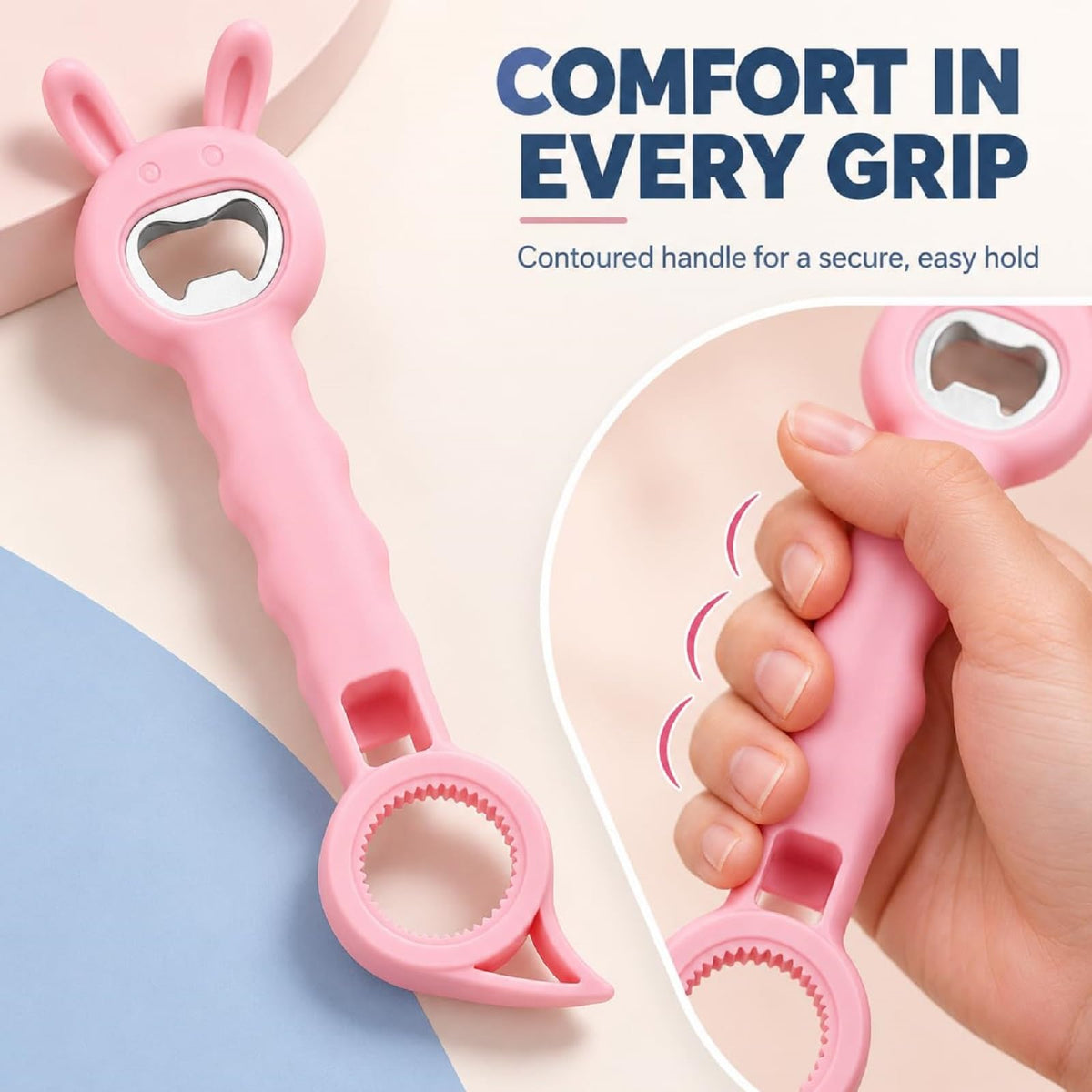 4-in-1 Bunny Shaped Bottle & Jar Opener, Multifunctional Easy-Grip Lid Opener