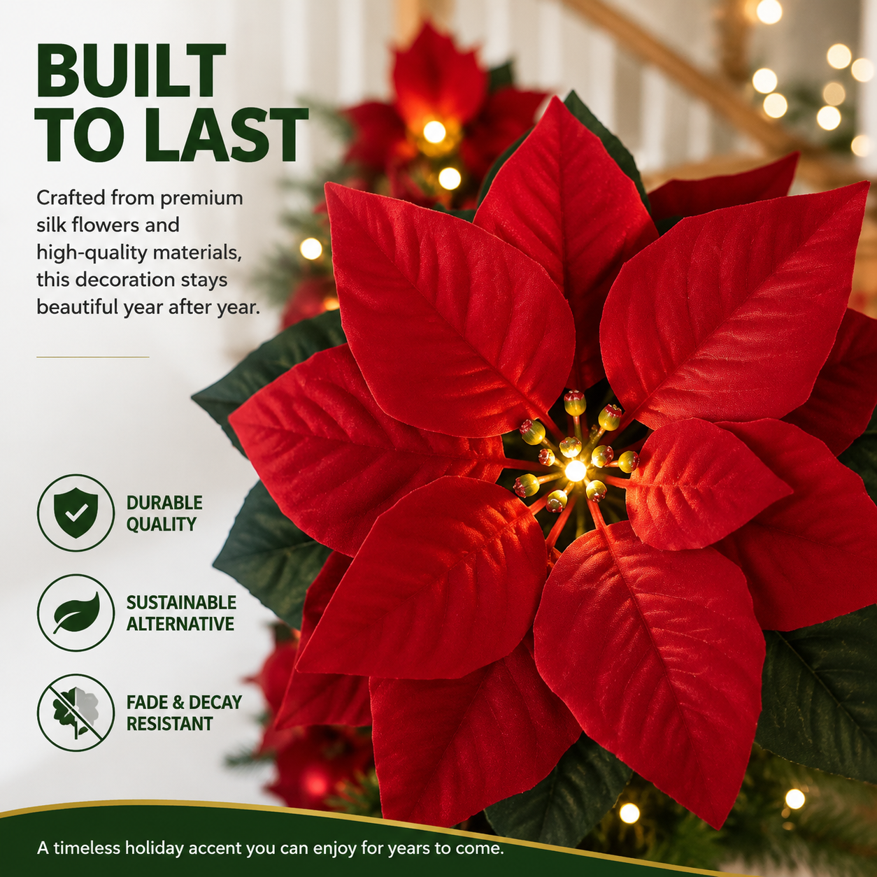 9.4FT Christmas Garlandwith Red Berries for HomeDecor, Christmas Trees,and Staircases With LED String Lights