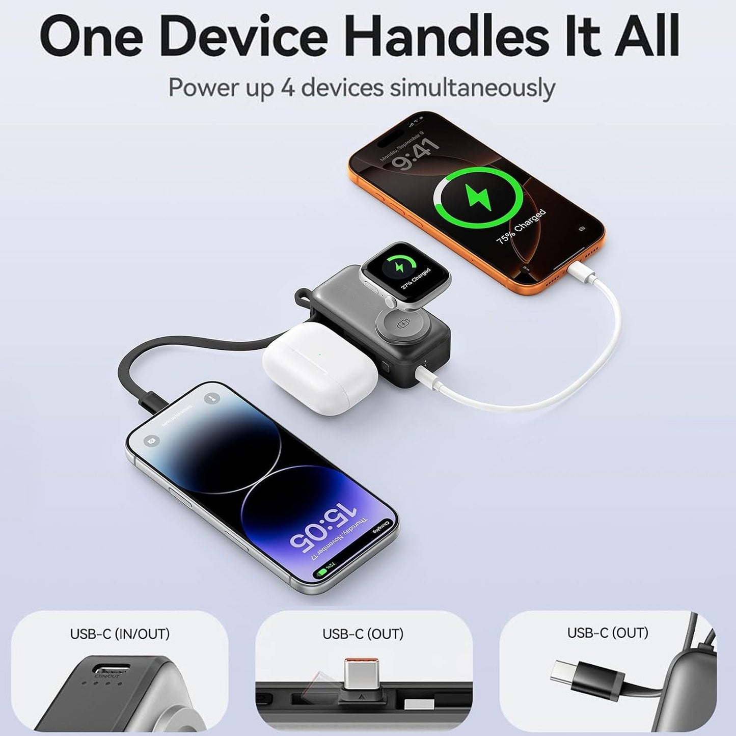 3-in-1 5000mAh Portable Charger with Built-in USB-C Cable | Mini Power Bank for Apple Watch