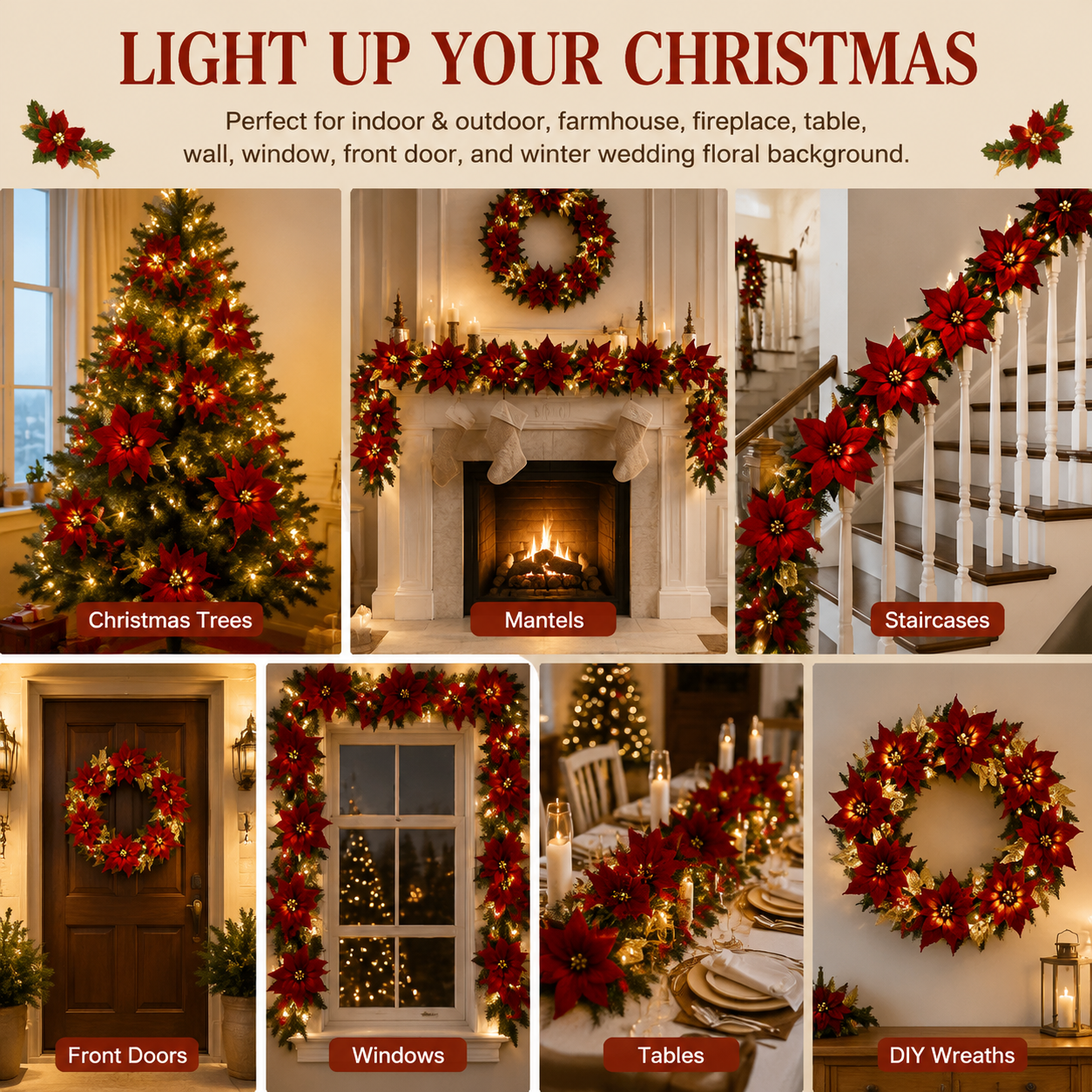9.4FT Christmas Garlandwith Red Berries for HomeDecor, Christmas Trees,and Staircases With LED String Lights