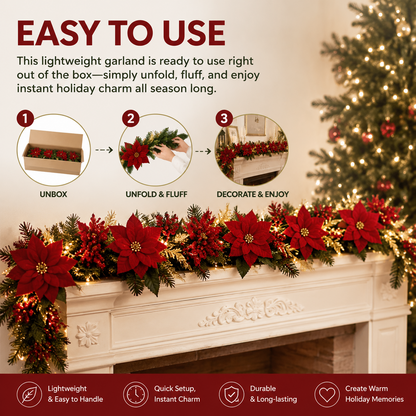 9.4FT Christmas Garlandwith Red Berries for HomeDecor, Christmas Trees,and Staircases With LED String Lights