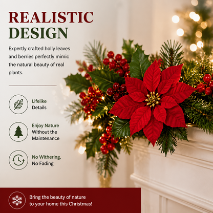 9.4FT Christmas Garlandwith Red Berries for HomeDecor, Christmas Trees,and Staircases With LED String Lights