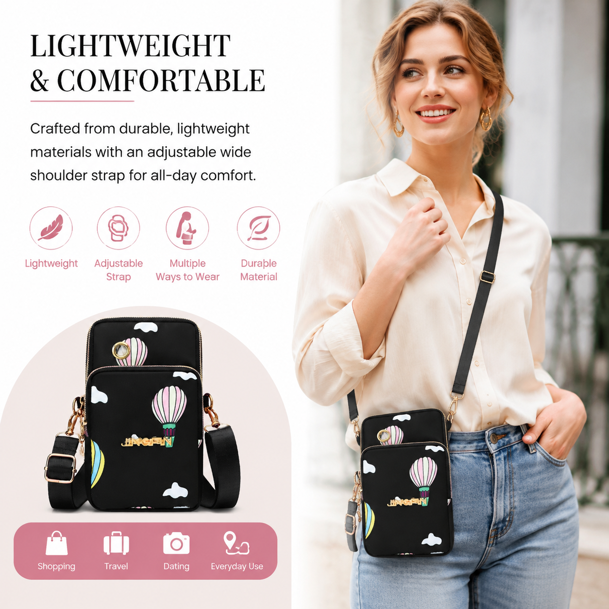 Women's 3-Compartment Waterproof Crossbody Bag / Coin & Phone Pouch