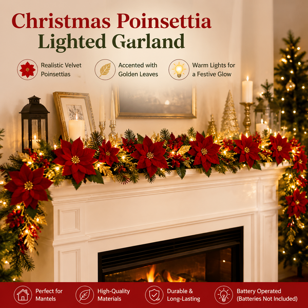 9.4FT LED Connectable Garland with Red Berries for Home Decor, Christmas Trees
