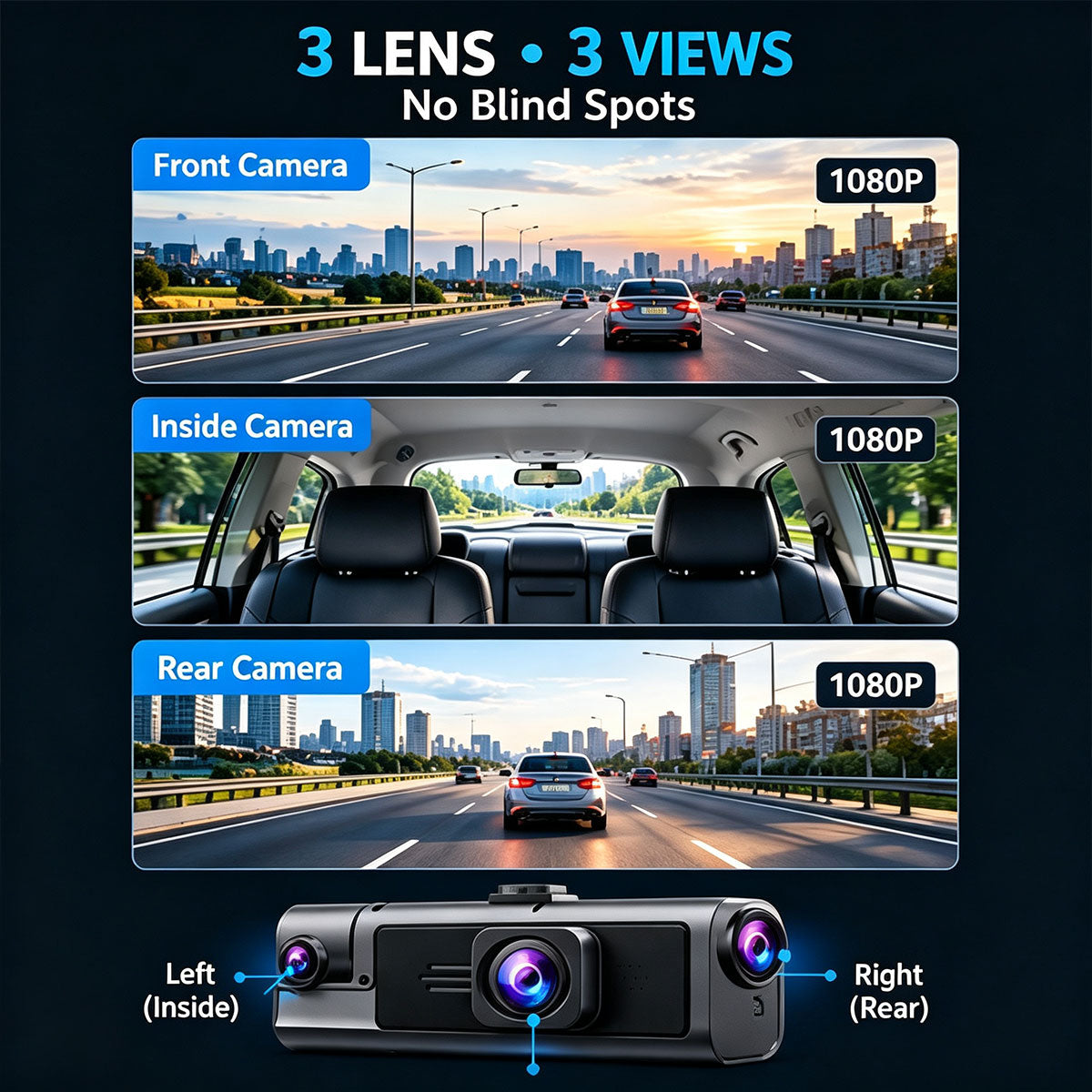 3-Lens Car Dashboard Camera with HD Night Vision
