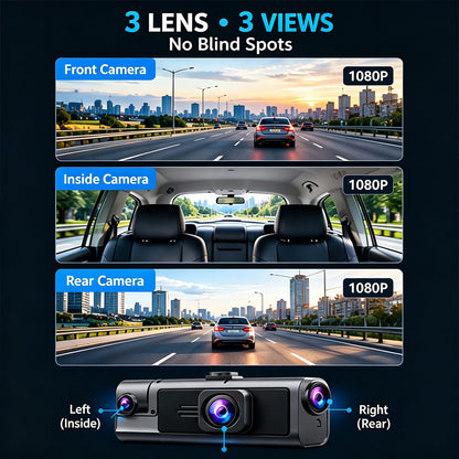 3-Lens Car Dashboard Camera with HD Night Vision