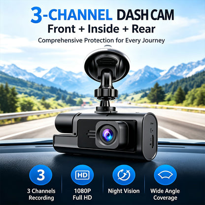 3-Lens Car Dashboard Camera with HD Night Vision