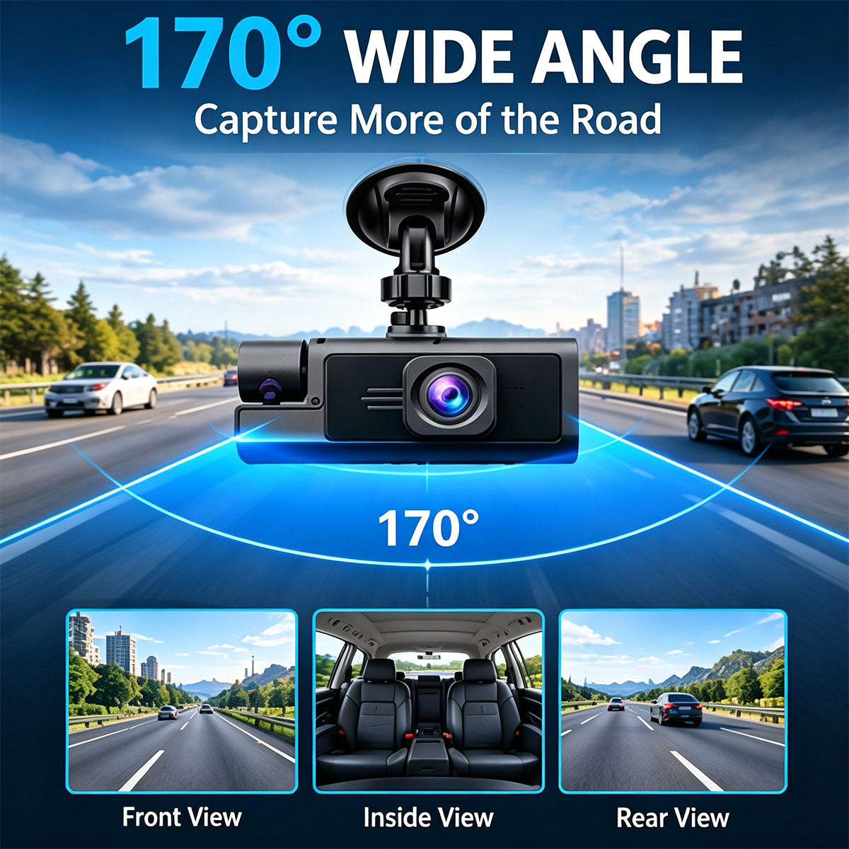 3-Lens Car Dashboard Camera with HD Night Vision