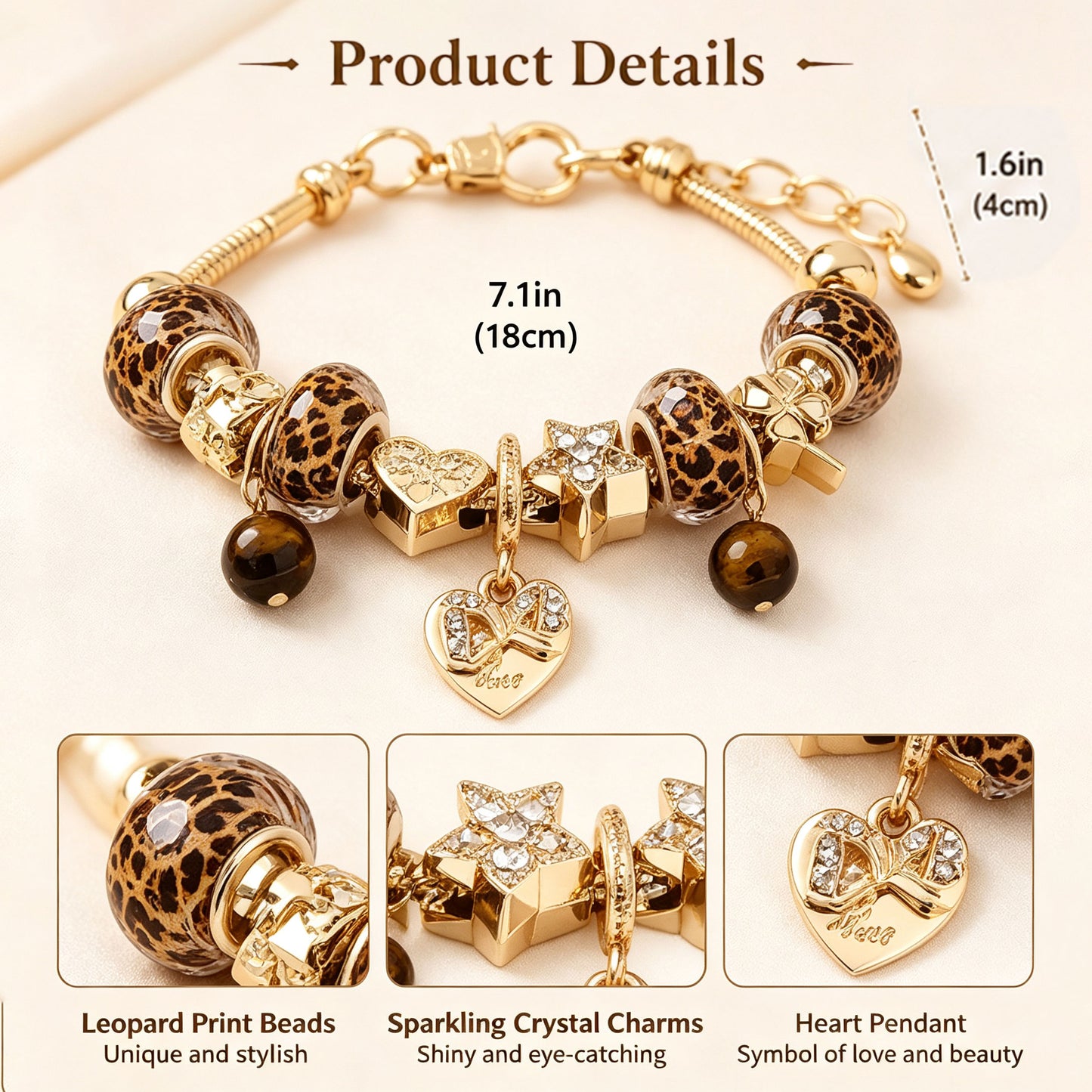 Gold Leopard Print Beaded Pendant Bracelet
