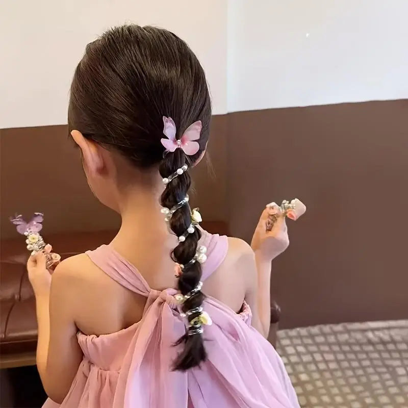 3-Piece Mesh Butterfly Telephone Cord Hair Ties - Beaded Flower Design Hair Accessories Sets