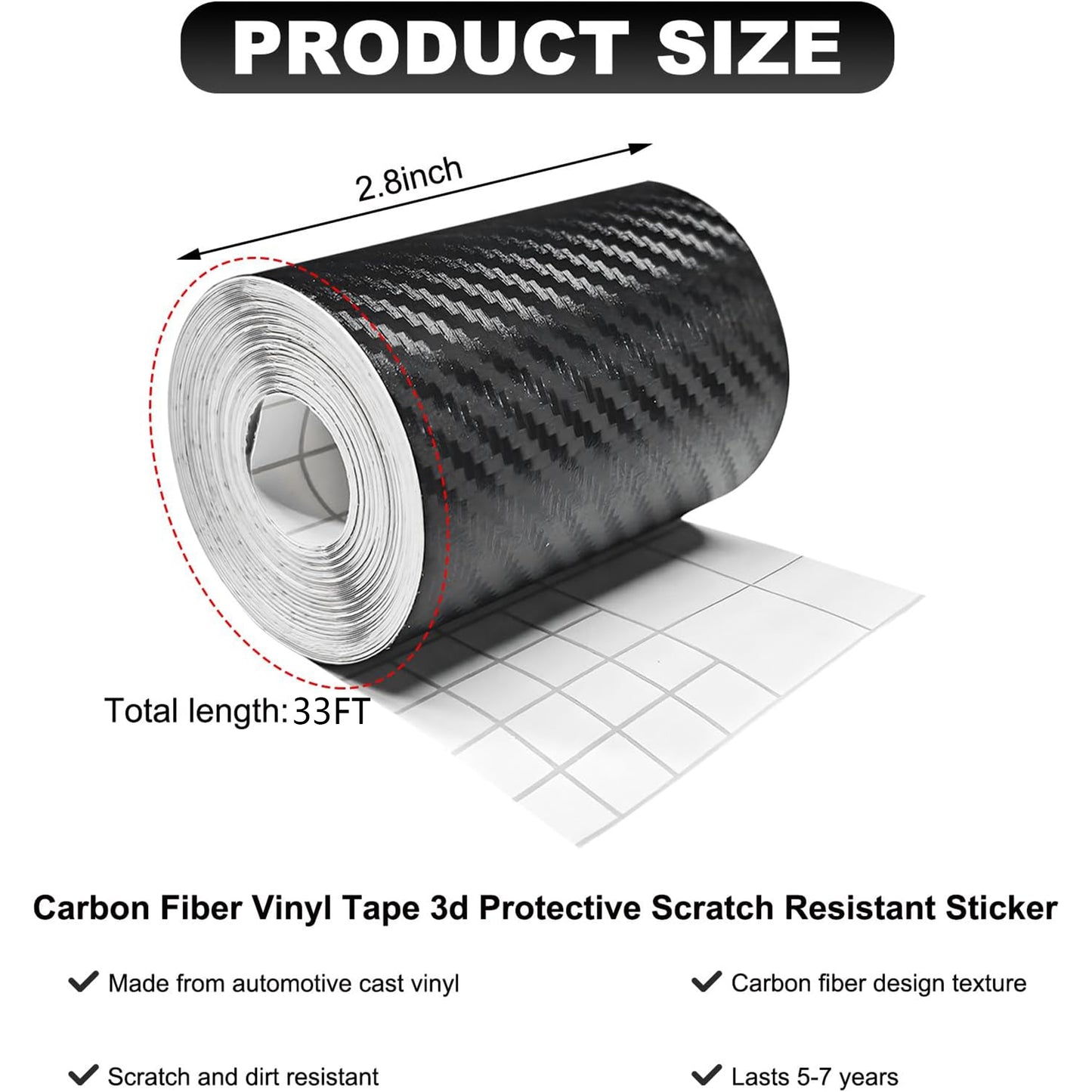 33ft Car 3D Carbon Fiber Vinyl Tape, Anti-Scratch Self Adhesive Door Entry Guards Vinyl Overlay Wrap Roll